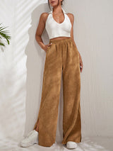 Women's Solid Color Elastic Waistband Corduroy Wide Leg Slit Trousers