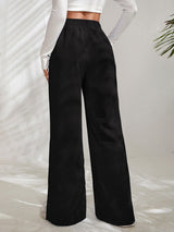 Women's Solid Color Elastic Waistband Corduroy Wide Leg Slit Trousers