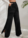Women's Solid Color Elastic Waistband Corduroy Wide Leg Slit Trousers