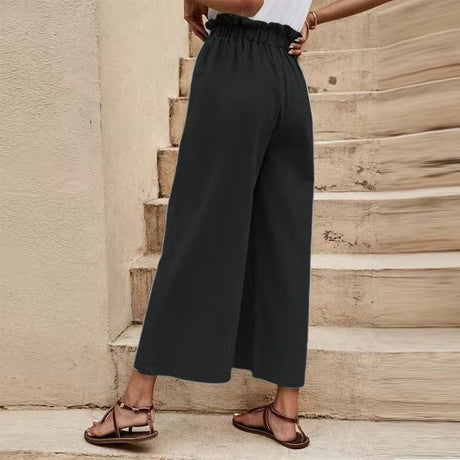 Women's Solid Color Elastic Waist Linen Belted Wide Leg Pants