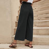 Women's Solid Color Elastic Waist Linen Belted Wide Leg Pants
