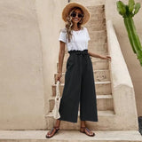 Women's Solid Color Elastic Waist Linen Belted Wide Leg Pants