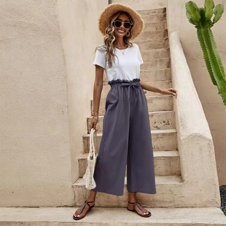 Women's Solid Color Elastic Waist Linen Belted Wide Leg Pants