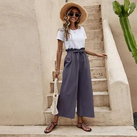 Women's Solid Color Elastic Waist Linen Belted Wide Leg Pants