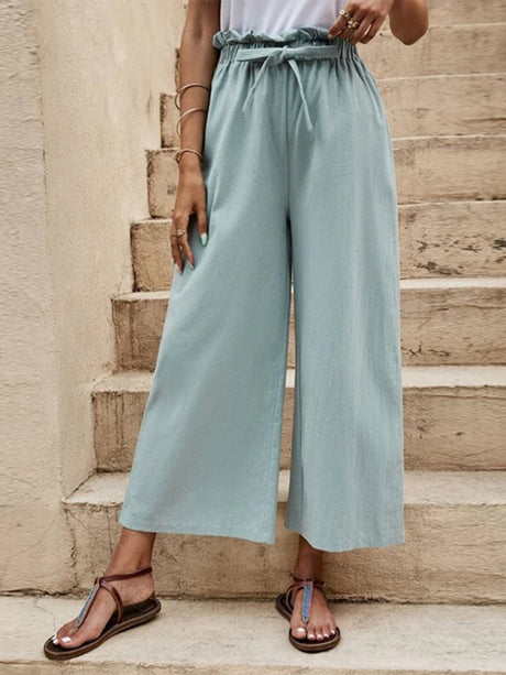 Women's Solid Color Elastic Waist Linen Belted Wide Leg Pants