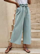 Women's Solid Color Elastic Waist Linen Belted Wide Leg Pants