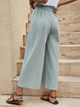 Women's Solid Color Elastic Waist Linen Belted Wide Leg Pants