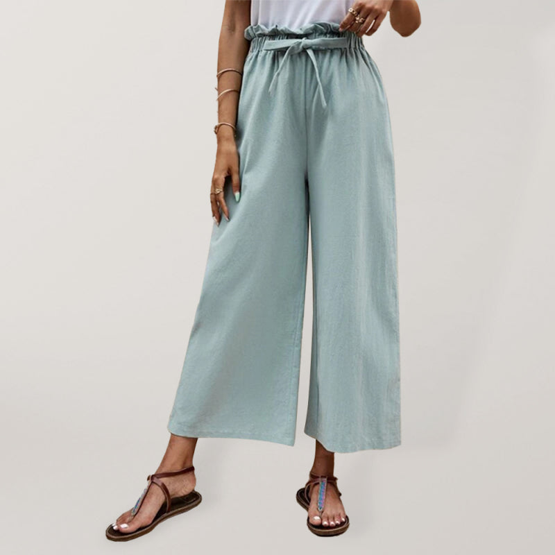 Women's Solid Color Elastic Waist Linen Belted Wide Leg Pants