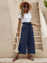 Women's Solid Color Elastic Waist Linen Belted Wide Leg Pants