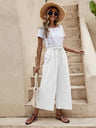 Women's Solid Color Elastic Waist Linen Belted Wide Leg Pants