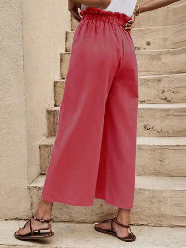 Women's Solid Color Elastic Waist Linen Belted Wide Leg Pants