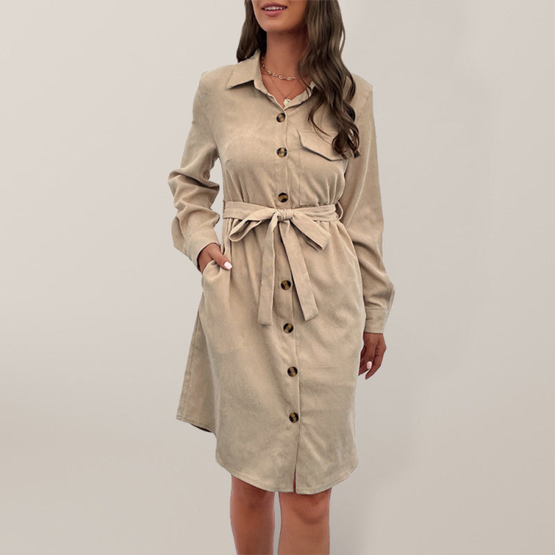 Women's Solid Color Long Sleeve Corduroy Shirtdress
