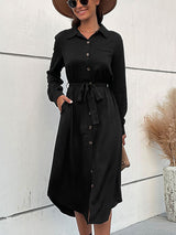 Women's Solid Color Belted Long-sleeve Shirt Dress