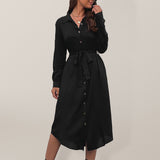 Women's Solid Color Belted Long-sleeve Shirt Dress