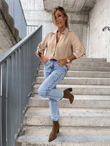Women's new simple solid color pull-sleeve V-neck button lapel shirt