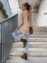 Women's new simple solid color pull-sleeve V-neck button lapel shirt