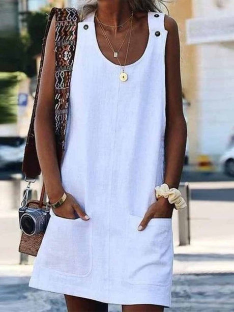 Women's Solid Color Pocket Button Linen Blend Sleeveless Dress