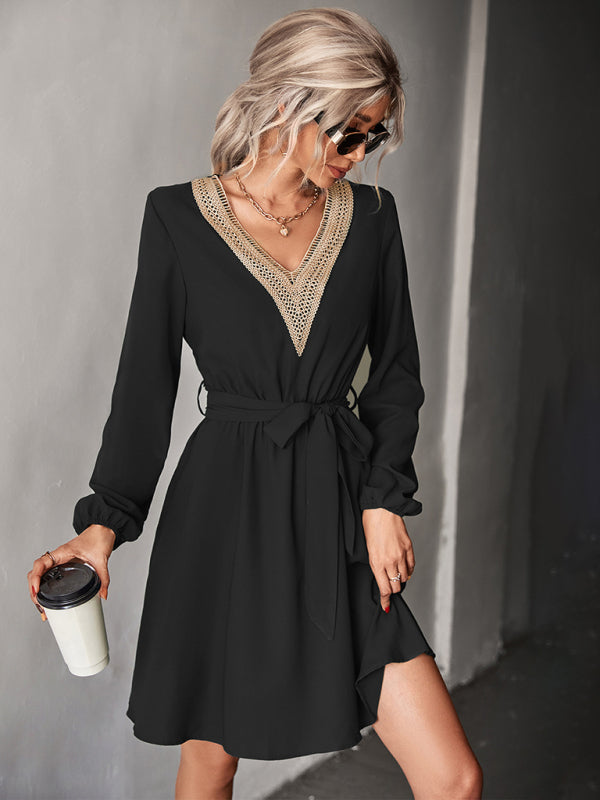 Women's V-neck Puff Sleeve Lace-trim Dress