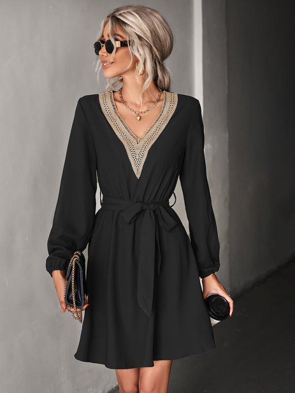 Women's V-neck Puff Sleeve Lace-trim Dress
