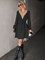 Women's V-neck Puff Sleeve Lace-trim Dress