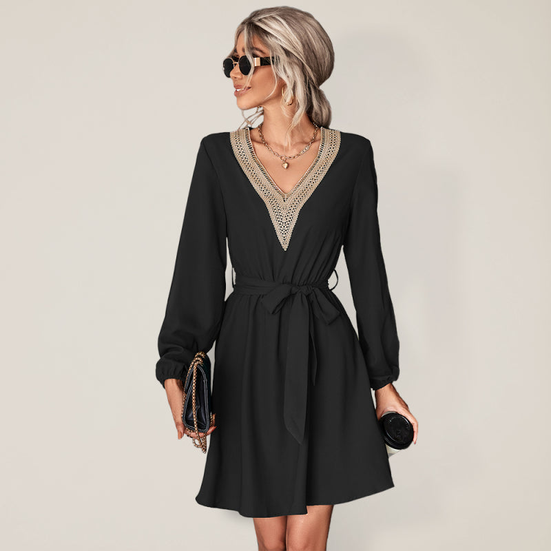 Women's V-neck Puff Sleeve Lace-trim Dress