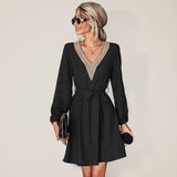 Women's V-neck Puff Sleeve Lace-trim Dress