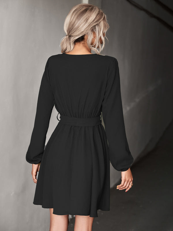 Women's V-neck Puff Sleeve Lace-trim Dress