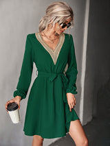 Women's V-neck Puff Sleeve Lace-trim Dress
