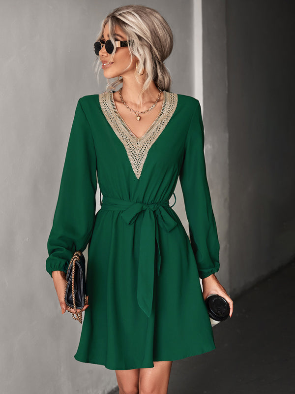 Women's V-neck Puff Sleeve Lace-trim Dress