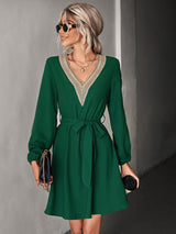 Women's V-neck Puff Sleeve Lace-trim Dress