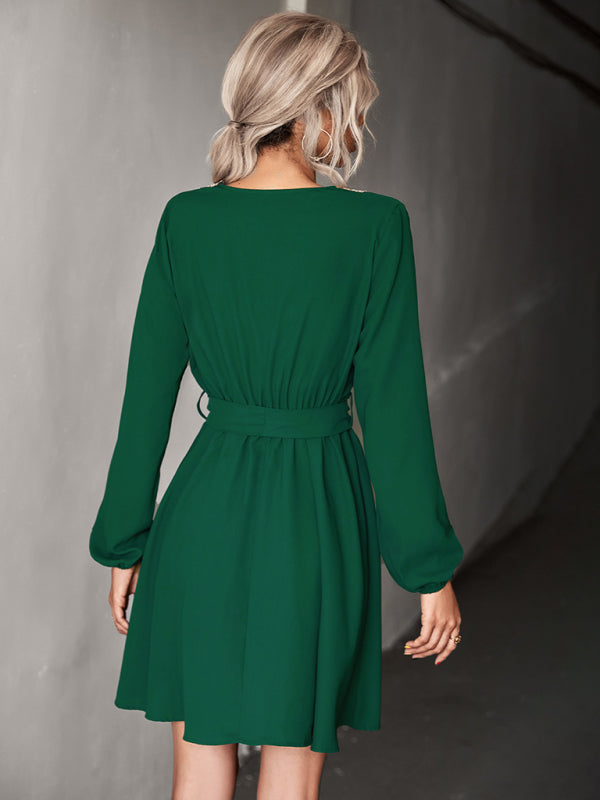 Women's V-neck Puff Sleeve Lace-trim Dress