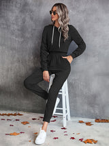 New solid color casual pleated hooded long-sleeved suit