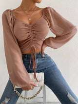 Women's Solid-colored Adjustable Puff Blouses With Ruched Front