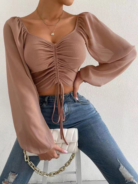 Women's Solid-colored Adjustable Puff Blouses With Ruched Front