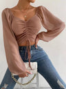 Women's Solid-colored Adjustable Puff Blouses With Ruched Front