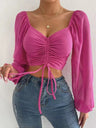 Women's Solid-colored Adjustable Puff Blouses With Ruched Front