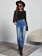 Women's Solid Color Mesh Sleeve Blouse