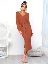 Women's Solid Color Long Sleeve Faux Wrap Sweater Dress