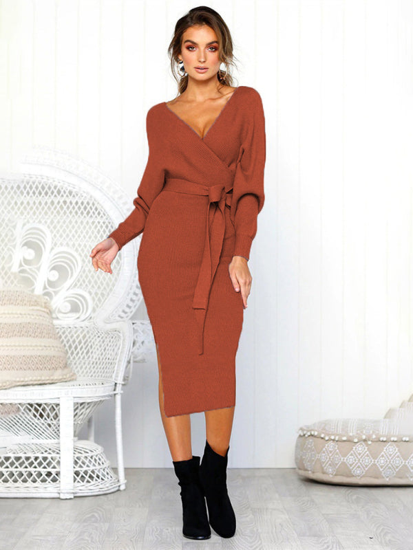 Women's Solid Color Long Sleeve Faux Wrap Sweater Dress