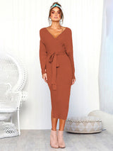 Women's Solid Color Long Sleeve Faux Wrap Sweater Dress