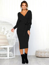 Women's Solid Color Long Sleeve Faux Wrap Sweater Dress