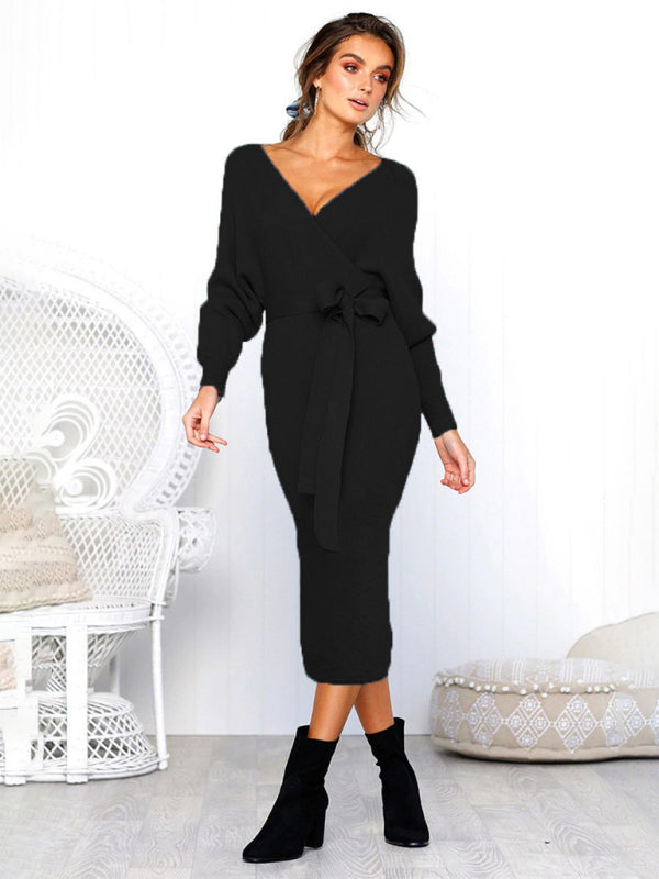 Women's Solid Color Long Sleeve Faux Wrap Sweater Dress