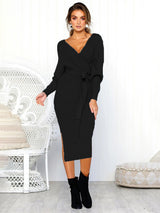 Women's Solid Color Long Sleeve Faux Wrap Sweater Dress