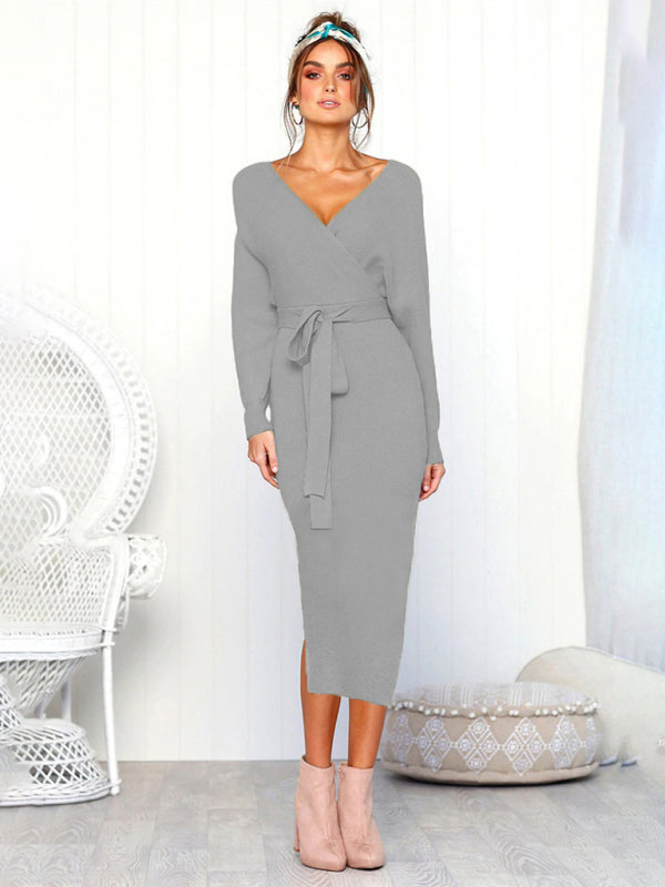Women's Solid Color Long Sleeve Faux Wrap Sweater Dress