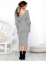 Women's Solid Color Long Sleeve Faux Wrap Sweater Dress