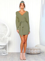 Women's Solid Color Long Sleeve Faux Wrap Sweater Dress