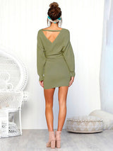 Women's Solid Color Long Sleeve Faux Wrap Sweater Dress