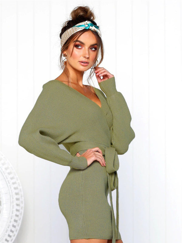 Women's Solid Color Long Sleeve Faux Wrap Sweater Dress