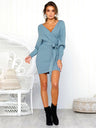 Women's Solid Color Long Sleeve Faux Wrap Sweater Dress