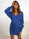 Women's Solid Color Long Sleeve Faux Wrap Sweater Dress